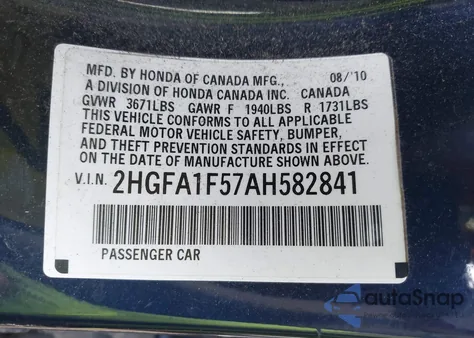 2010 Honda Civic Lx z USA, uszkodzony, nr VIN 2HGFA1F57AH582841